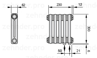 Схема (чертеж) Радиатор Zehnder Charleston 2030/5 №5510 Белый глянцевый RAL 9016